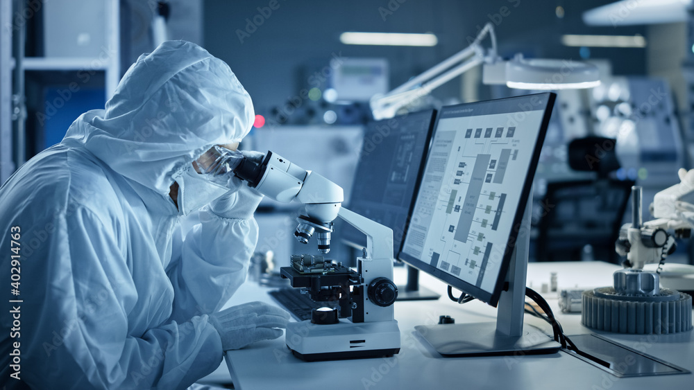 Poster Research Factory Cleanroom: Engineer and Scientist in Coveralls Work on Computers, Use Microscope to Inspect Motherboard Microprocessor, Developing Electronics for Medical Electronics