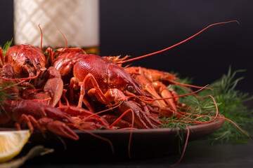 Boiled red crawfish, ready to eat with lemon slices and ice cubes on a black surface.