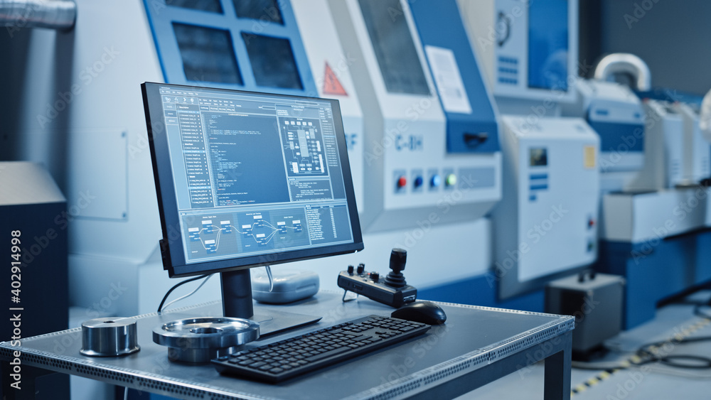 Poster Factory Cleanroom: On the Desk Personal Computer Showing Infrastructure System Control on its Display. In Background CNC Machinery, Professionals Use Robot Arm on Production Line.