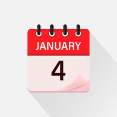 January 4, Calendar icon with shadow. Day, month. Flat vector illustration.