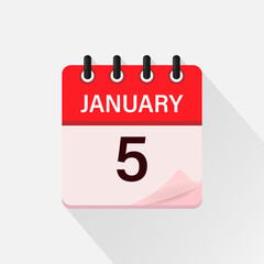 January 5, Calendar icon with shadow. Day, month. Flat vector illustration.