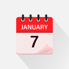 January 7, Calendar icon with shadow. Day, month. Flat vector illustration.