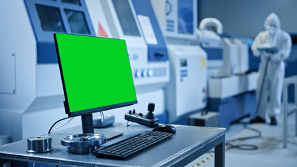 Factory Cleanroom: On the Desk Personal Computer Showing Green Screen Chroma Key Display. In...