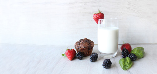 Glass of milk with fruit, glass cup with milk. Banner