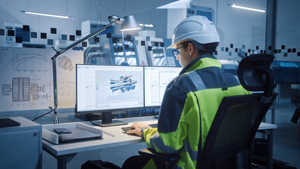 Modern Factory with Professional CNC Machinery. In-Office: Male Engineer in Safety Vest and Hardhat Works on Computer and working with CAD Software, Creating New Eco-Friendly Jet Engine.