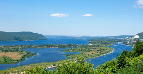 Panoramic View of Volga River near Samara, Russia from helipad. Volga is the biggest river in Europe.