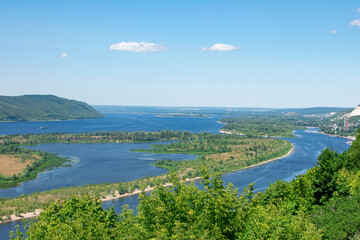Fototapeta premium Panoramic View of Volga River near Samara, Russia from helipad. Volga is the biggest river in Europe.