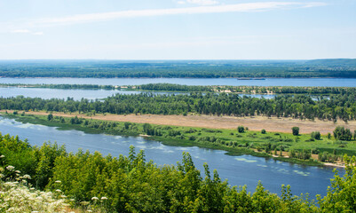 Panoramic View of Volga River near Samara, Russia from helipad. Volga is the biggest river in Europe.