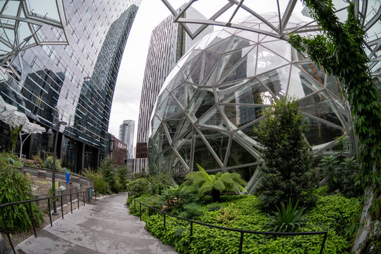 The Amazon Spheres in Seattle in a wide angle image. 