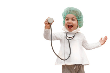 Portrait of funny kid playing in the hospital isolated on white. Cute little girl doctor role playing. Adorable child wearing white uniform, mask and stethoscope. Childhood vaccinations.