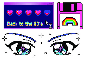 Old user interface windows, retro message box with buttons. Vaporwave and retrowave style elements.