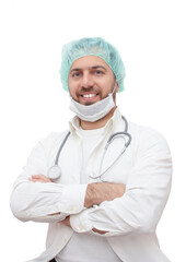 Portrait of male doctor in white coat wearing white mask and holding heart sign. Stethoscope on the neck. Isolated on white background. Healthcare And Medicine. Heart disease prevention concept.