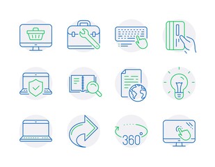 Technology icons set. Included icon as Idea, 360 degrees, Notebook signs. Tool case, Internet document, Payment card symbols. Computer keyboard, Share, Laptop insurance. Web shop. Vector
