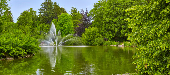 Beautiful spa park in Bad Wörishofen with a large fountain, Germany, Bavaria.