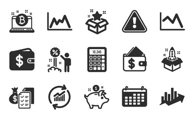 Update data, Loyalty program and Dollar wallet icons simple set. Bitcoin, Calendar and Growth chart signs. Discount, Diagram and Saving money symbols. Calculator, Startup and Wallet. Vector