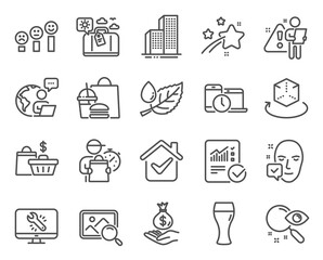 Business icons set. Included icon as Monitor repair, Customer satisfaction, Sale bags signs. Augmented reality, Leaf dew, Time management symbols. Face accepted, Skyscraper buildings. Vector