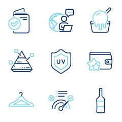 Business icons set. Included icon as Ice cream, Uv protection, Verification document signs. Pyramid chart, Cloakroom, Wine symbols. Correct answer, Loyalty program line icons. Line icons set. Vector