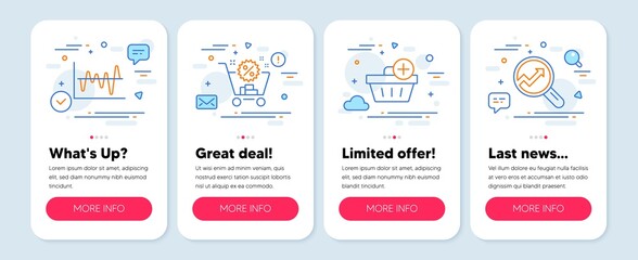 Set of Finance icons, such as Add purchase, Shopping cart, Stock analysis symbols. Mobile screen banners. Analytics line icons. Shopping order, Discount, Business trade. Audit analysis. Vector