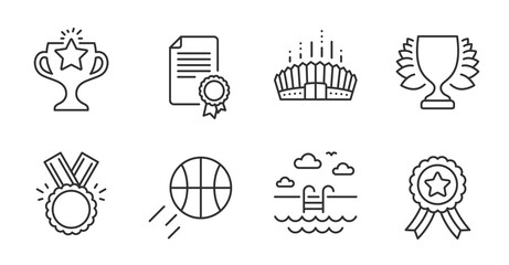 Winner ribbon, Basketball and Winner line icons set. Arena stadium, Certificate and Honor signs. Victory, Swimming pool symbols. Best award, Sport ball, Sports achievement. Sports set. Vector