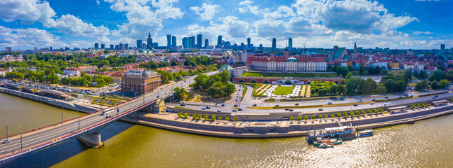 City skyline background. Aerial view of Warsaw capital city of Poland. From above, city view with...