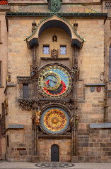 Detail of Prague Astronomical Clock built around 1470, displaying the twelve apostles as the clock strikes Clock are built on Old-Town City Hall in Prague, Czech Republic (Czechia)