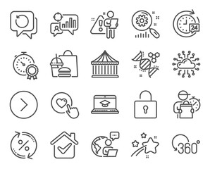 Technology icons set. Included icon as Recovery data, Forward, Best result signs. Carousels, Cloud network, Search statistics symbols. Lock, Chemistry dna, 24h delivery. Full rotation. Vector