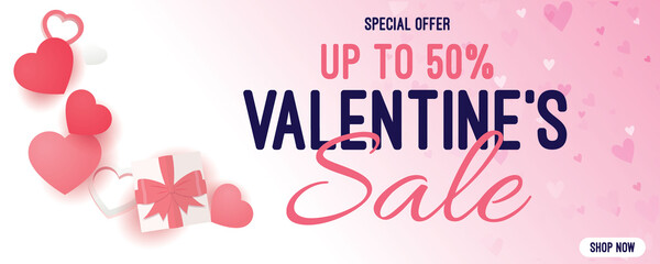 Valentines day sale poster with red and pink hearts background