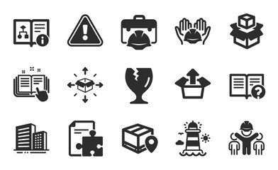 Builders union, Fragile package and Technical algorithm icons simple set. Help, Buildings and Technical documentation signs. Lighthouse, Send box and Engineering team symbols. Flat icons set. Vector