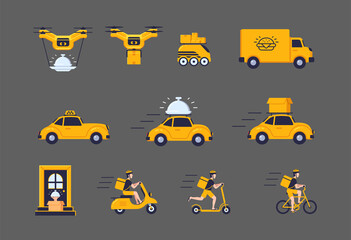 Set with elements online delivery, courier on motorbike, electric scooter and bike with bag delivery, cars delivery and drones delivery concept isolated