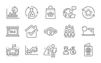 Passport, Report timer and Sallary line icons set. Group people, Sale and Financial diagram signs. Loyalty points, Chemistry experiment and Arena symbols. Line icons set. Vector