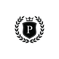  Letter P laurel wreath template logo Luxury shield letter with crown. Monogram alphabet . Beautiful royal initials letter.