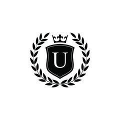  Letter U laurel wreath template logo Luxury shield letter with crown. Monogram alphabet . Beautiful royal initials letter.