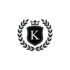  Letter K laurel wreath template logo Luxury shield letter with crown. Monogram alphabet . Beautiful royal initials letter.