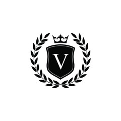  Letter V laurel wreath template logo Luxury shield letter with crown. Monogram alphabet . Beautiful royal initials letter.