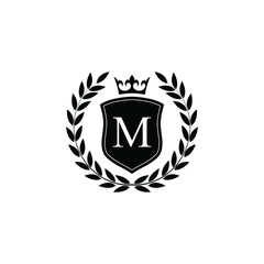  Letter M laurel wreath template logo Luxury shield letter with crown. Monogram alphabet . Beautiful royal initials letter.