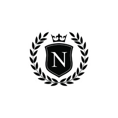  Letter N laurel wreath template logo Luxury shield letter with crown. Monogram alphabet . Beautiful royal initials letter.