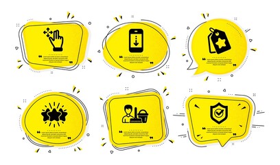 Move gesture, Scroll down and Cleaning service icons simple set. Yellow speech bubbles with dotwork effect. Loyalty tags, Star and Approved shield signs. Swipe, Swipe phone, Bucket with mop. Vector