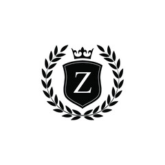  Letter Z laurel wreath template logo Luxury shield letter with crown. Monogram alphabet . Beautiful royal initials letter.