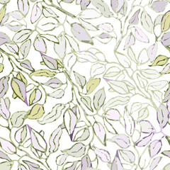 Fototapeta premium Vector seamless background with colorful watercolor illustration of foliage and plants. Can be used for wallpaper, pattern fills, web page, surface textures, textile print, wrapping paper