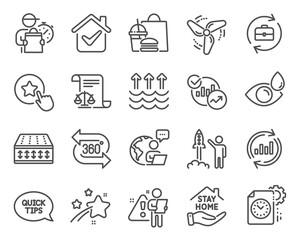 Fototapeta na wymiar Line icons set. Included icon as Stay home, Evaporation, Project deadline signs. Update data, Loyalty star, Launch project symbols. 360 degree, Eye drops, Statistics. Flexible mattress. Vector