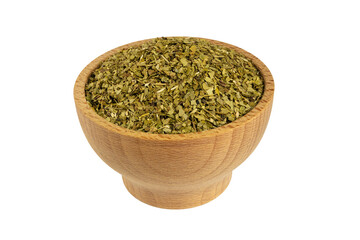 Fototapeta na wymiar Dried leaves of yerba mate tea in wooden bowl isolated on white background. Nutrition. Traditional tea in South-America.