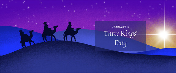 Three Kings’ Day - trzej królowie na wielbłądach, 6 stycznia, epifania, grafika - obrazy, fototapety, plakaty