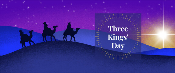 Three Kings’ Day - trzej królowie na wielbłądach, 6 stycznia, epifania, grafika, napisy Angielskie 