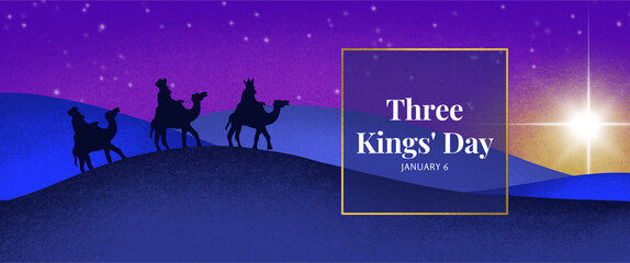 Three Kings’ Day - trzej królowie na wielbłądach, 6 stycznia, epifania, grafika, napisy angielskie 