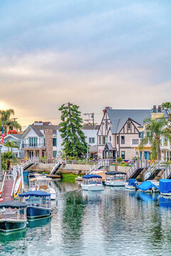 Amazing canal scenery with boats and waterfront homes in Long Beach California