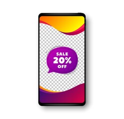 Sale 20 percent off bubble banner. Phone mockup vector banner. Discount sticker shape. Coupon badge icon. Social story post template. Sale bubble badge. Cell phone frame. Modern background. Vector