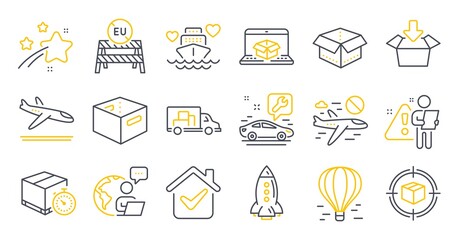 Set of Transportation icons, such as Arrivals plane, Air balloon, Online delivery symbols. Office box, Truck transport, Open box signs. Cancel flight, Honeymoon cruise, Car service. Rocket. Vector