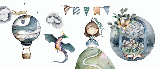 Princesse et dragon volant, montgolfière. Kid aquarelle aventure définie illustration scandinave de dessin animé isolé sur fond blanc