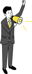 メガホンを持つビジネスマン、イエローとグレーのベクターイラストレーション