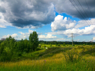 Fototapeta na wymiar summer field landscape against cloudy sky